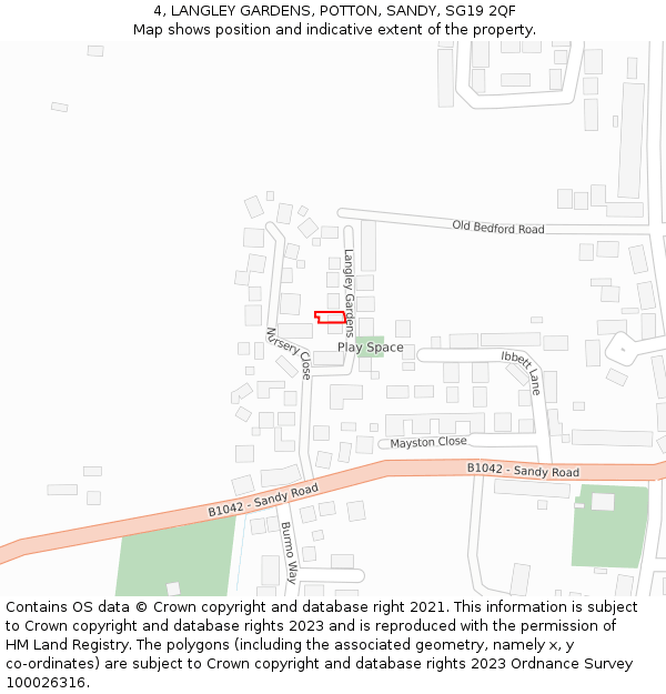 4, LANGLEY GARDENS, POTTON, SANDY, SG19 2QF: Location map and indicative extent of plot