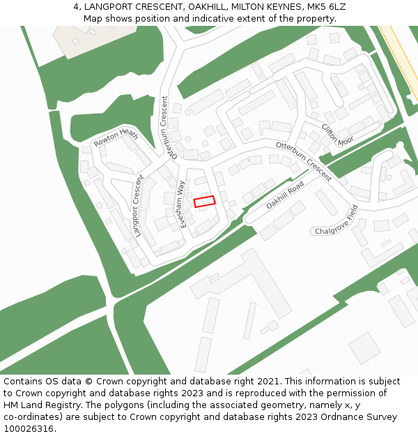 4, LANGPORT CRESCENT, OAKHILL, MILTON KEYNES, MK5 6LZ: Location map and indicative extent of plot