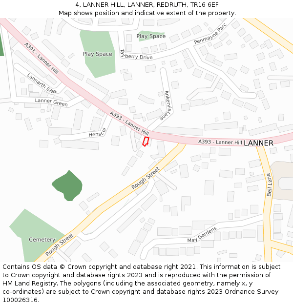 4, LANNER HILL, LANNER, REDRUTH, TR16 6EF: Location map and indicative extent of plot