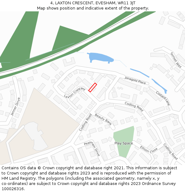 4, LAXTON CRESCENT, EVESHAM, WR11 3JT: Location map and indicative extent of plot
