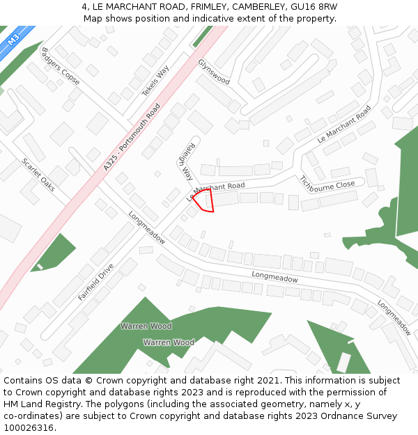 4, LE MARCHANT ROAD, FRIMLEY, CAMBERLEY, GU16 8RW: Location map and indicative extent of plot