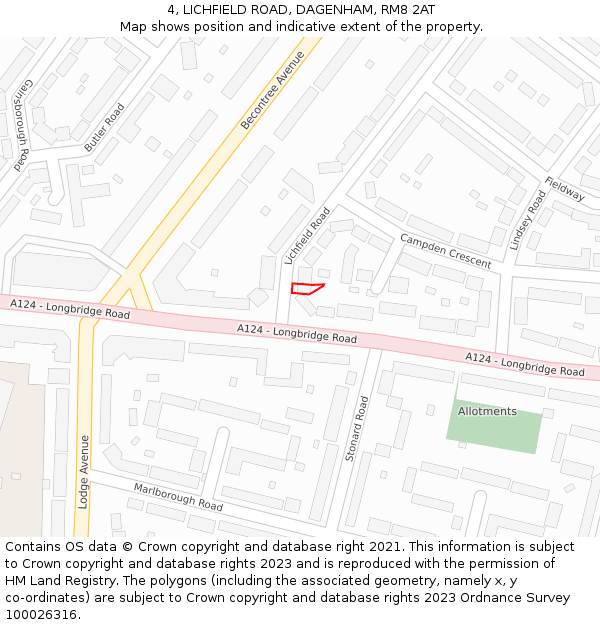 4, LICHFIELD ROAD, DAGENHAM, RM8 2AT: Location map and indicative extent of plot