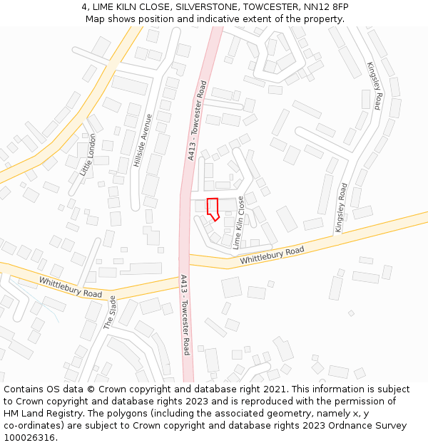 4, LIME KILN CLOSE, SILVERSTONE, TOWCESTER, NN12 8FP: Location map and indicative extent of plot