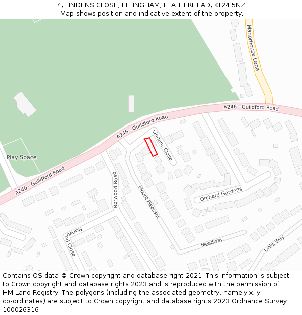 4, LINDENS CLOSE, EFFINGHAM, LEATHERHEAD, KT24 5NZ: Location map and indicative extent of plot