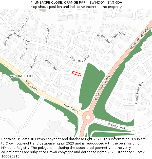 4, LINEACRE CLOSE, GRANGE PARK, SWINDON, SN5 6DA: Location map and indicative extent of plot