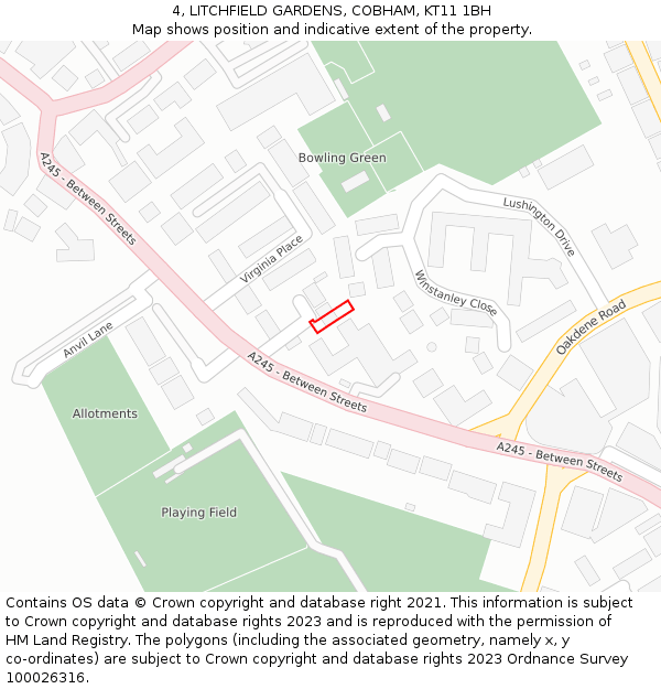 4, LITCHFIELD GARDENS, COBHAM, KT11 1BH: Location map and indicative extent of plot