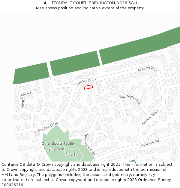 4, LITTONDALE COURT, BRIDLINGTON, YO16 6GH: Location map and indicative extent of plot