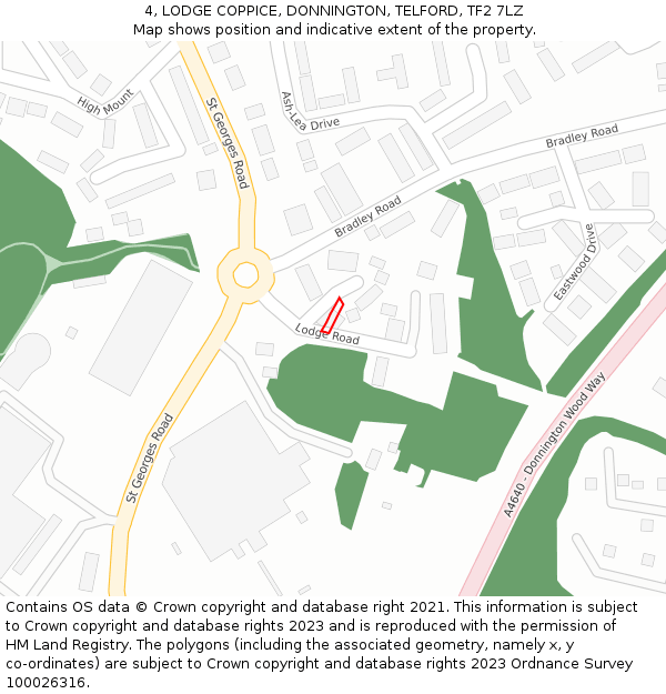 4, LODGE COPPICE, DONNINGTON, TELFORD, TF2 7LZ: Location map and indicative extent of plot