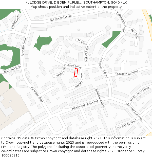 4, LODGE DRIVE, DIBDEN PURLIEU, SOUTHAMPTON, SO45 4LX: Location map and indicative extent of plot