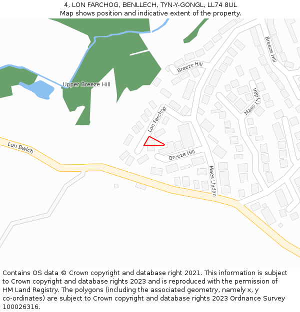 4, LON FARCHOG, BENLLECH, TYN-Y-GONGL, LL74 8UL: Location map and indicative extent of plot