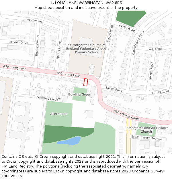 4, LONG LANE, WARRINGTON, WA2 8PS: Location map and indicative extent of plot