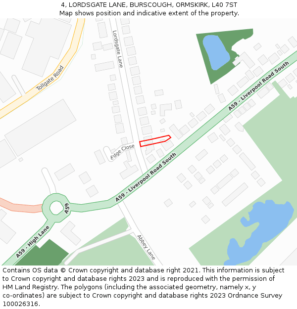 4, LORDSGATE LANE, BURSCOUGH, ORMSKIRK, L40 7ST: Location map and indicative extent of plot