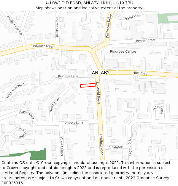 4, LOWFIELD ROAD, ANLABY, HULL, HU10 7BU: Location map and indicative extent of plot