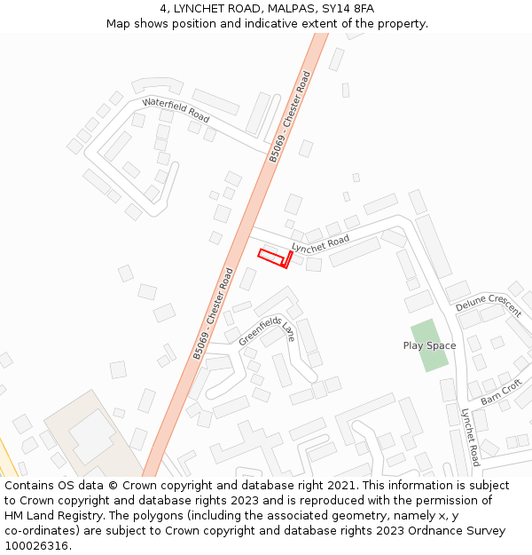 4, LYNCHET ROAD, MALPAS, SY14 8FA: Location map and indicative extent of plot