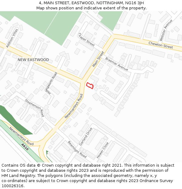 4, MAIN STREET, EASTWOOD, NOTTINGHAM, NG16 3JH: Location map and indicative extent of plot