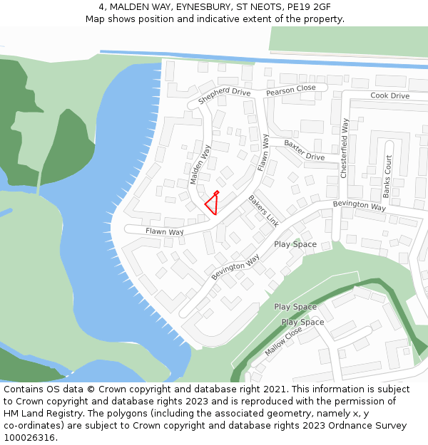 4, MALDEN WAY, EYNESBURY, ST NEOTS, PE19 2GF: Location map and indicative extent of plot