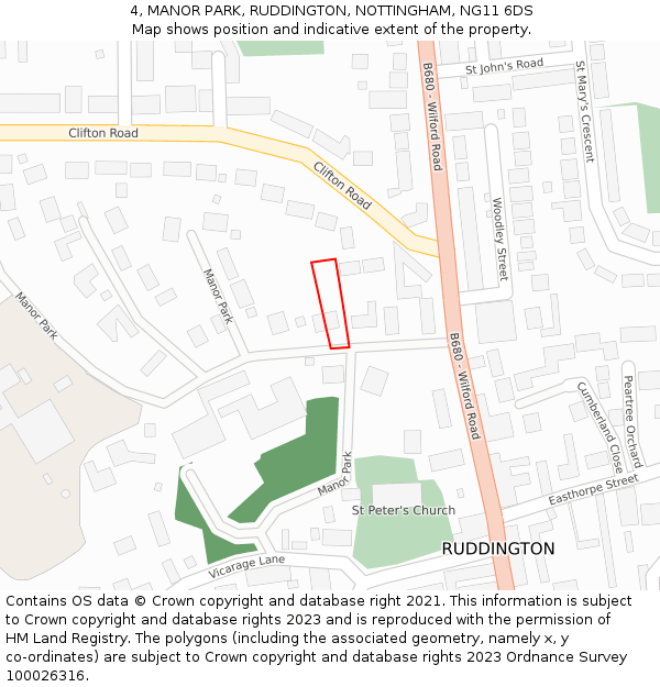 4, MANOR PARK, RUDDINGTON, NOTTINGHAM, NG11 6DS: Location map and indicative extent of plot