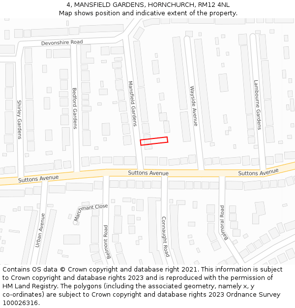 4, MANSFIELD GARDENS, HORNCHURCH, RM12 4NL: Location map and indicative extent of plot