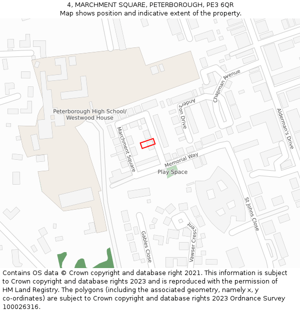 4, MARCHMENT SQUARE, PETERBOROUGH, PE3 6QR: Location map and indicative extent of plot