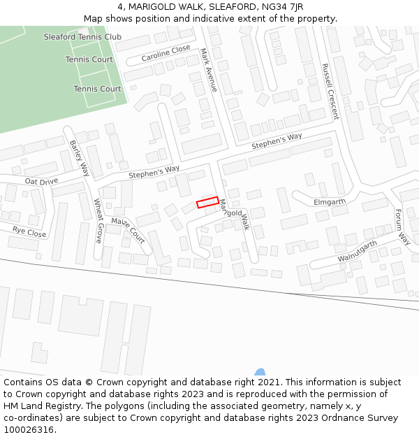 4, MARIGOLD WALK, SLEAFORD, NG34 7JR: Location map and indicative extent of plot