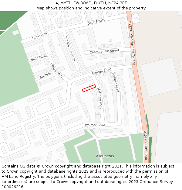 4, MATTHEW ROAD, BLYTH, NE24 3ET: Location map and indicative extent of plot