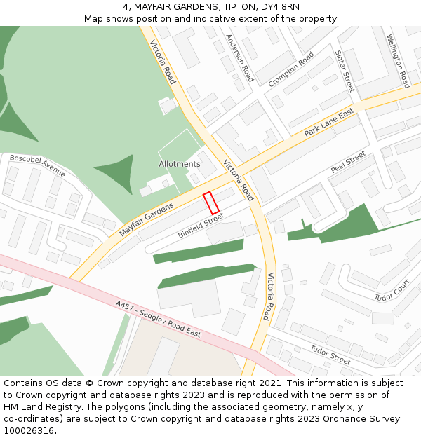 4, MAYFAIR GARDENS, TIPTON, DY4 8RN: Location map and indicative extent of plot