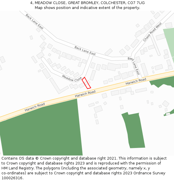 4, MEADOW CLOSE, GREAT BROMLEY, COLCHESTER, CO7 7UG: Location map and indicative extent of plot