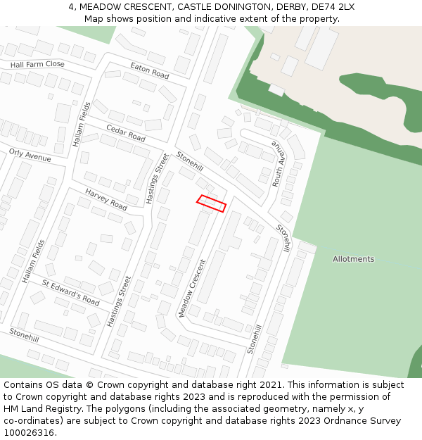 4, MEADOW CRESCENT, CASTLE DONINGTON, DERBY, DE74 2LX: Location map and indicative extent of plot