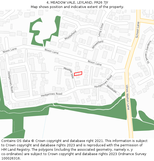 4, MEADOW VALE, LEYLAND, PR26 7JY: Location map and indicative extent of plot