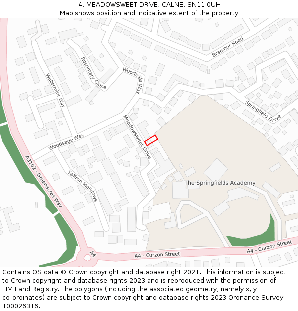 4, MEADOWSWEET DRIVE, CALNE, SN11 0UH: Location map and indicative extent of plot