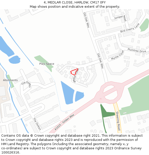 4, MEDLAR CLOSE, HARLOW, CM17 0FY: Location map and indicative extent of plot