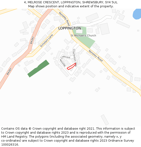 4, MELROSE CRESCENT, LOPPINGTON, SHREWSBURY, SY4 5UL: Location map and indicative extent of plot