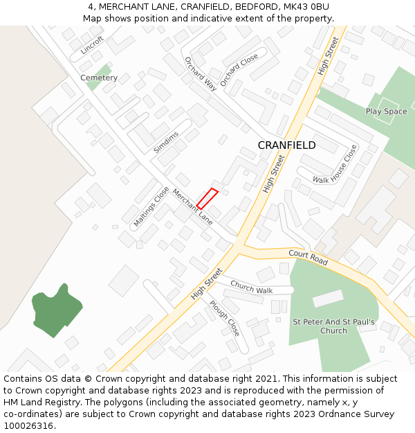 4, MERCHANT LANE, CRANFIELD, BEDFORD, MK43 0BU: Location map and indicative extent of plot