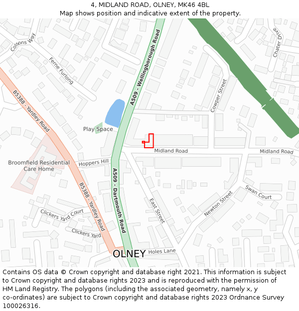 4, MIDLAND ROAD, OLNEY, MK46 4BL: Location map and indicative extent of plot