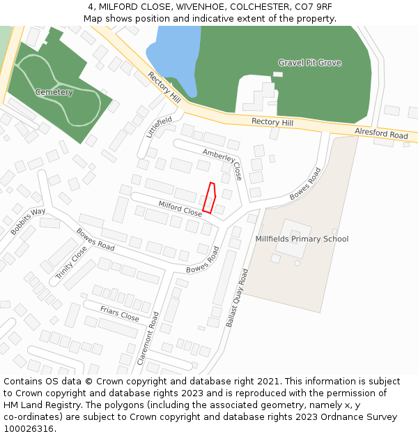 4, MILFORD CLOSE, WIVENHOE, COLCHESTER, CO7 9RF: Location map and indicative extent of plot