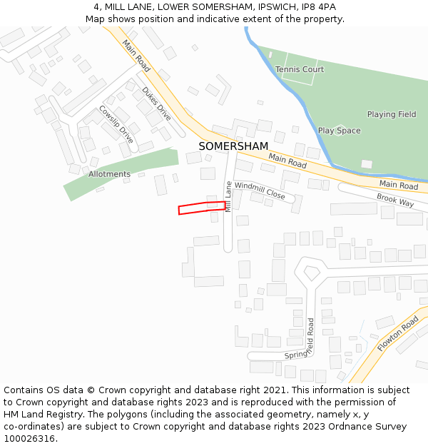 4, MILL LANE, LOWER SOMERSHAM, IPSWICH, IP8 4PA: Location map and indicative extent of plot