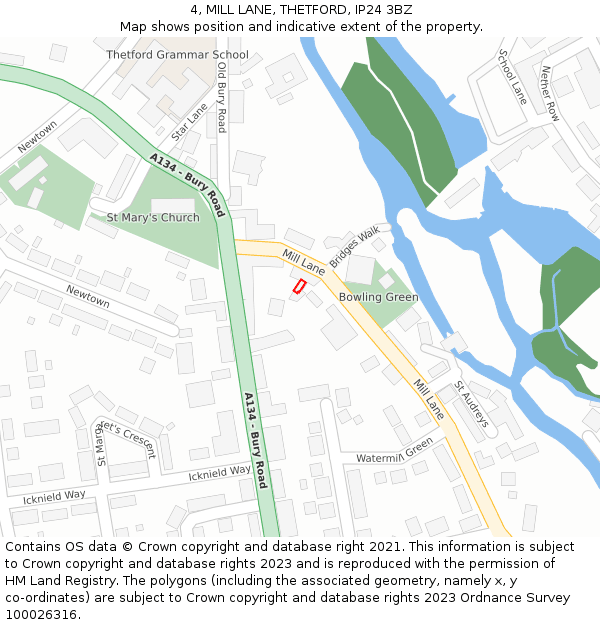 4, MILL LANE, THETFORD, IP24 3BZ: Location map and indicative extent of plot