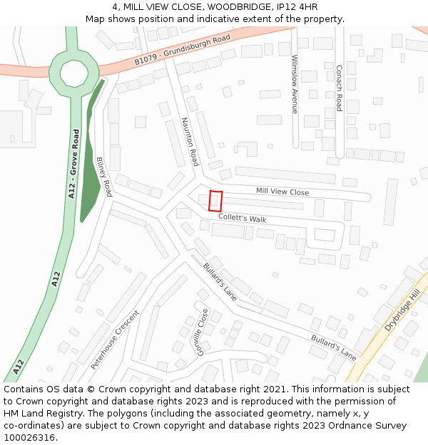 4, MILL VIEW CLOSE, WOODBRIDGE, IP12 4HR: Location map and indicative extent of plot