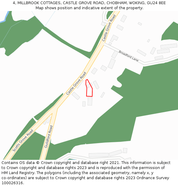 4, MILLBROOK COTTAGES, CASTLE GROVE ROAD, CHOBHAM, WOKING, GU24 8EE: Location map and indicative extent of plot