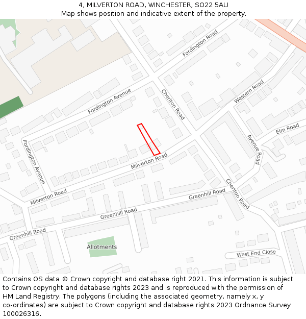 4, MILVERTON ROAD, WINCHESTER, SO22 5AU: Location map and indicative extent of plot