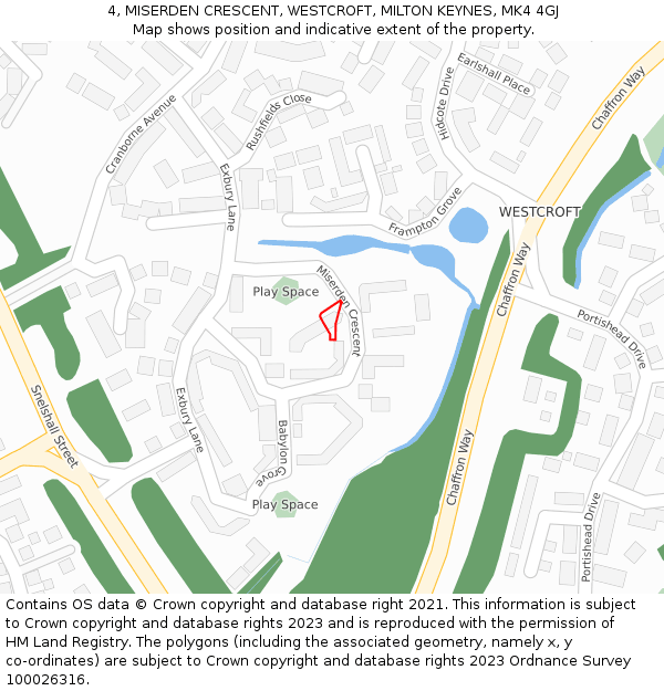 4, MISERDEN CRESCENT, WESTCROFT, MILTON KEYNES, MK4 4GJ: Location map and indicative extent of plot