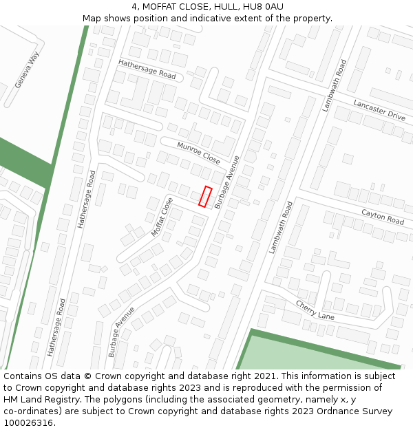 4, MOFFAT CLOSE, HULL, HU8 0AU: Location map and indicative extent of plot