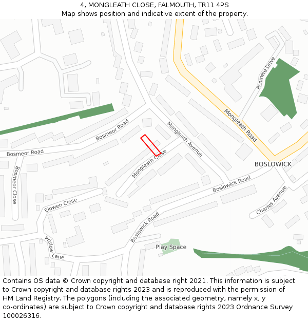 4, MONGLEATH CLOSE, FALMOUTH, TR11 4PS: Location map and indicative extent of plot