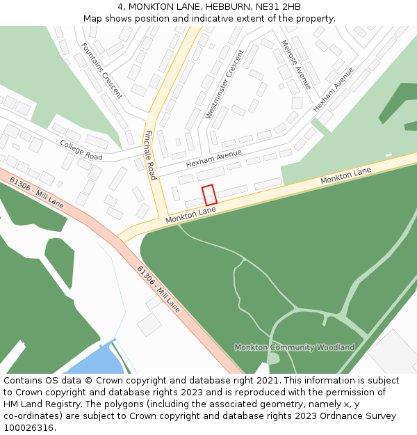 4, MONKTON LANE, HEBBURN, NE31 2HB: Location map and indicative extent of plot