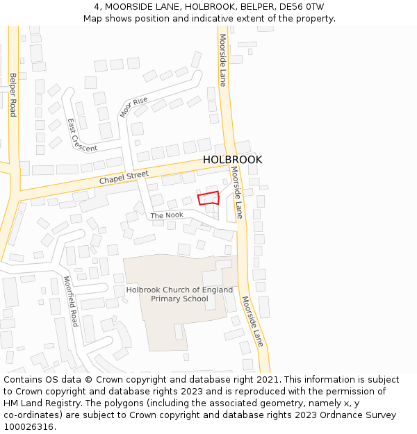 4, MOORSIDE LANE, HOLBROOK, BELPER, DE56 0TW: Location map and indicative extent of plot