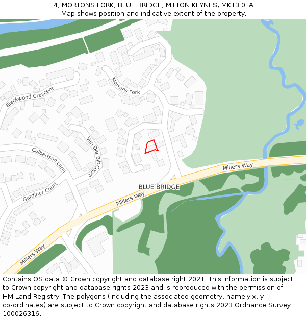 4, MORTONS FORK, BLUE BRIDGE, MILTON KEYNES, MK13 0LA: Location map and indicative extent of plot