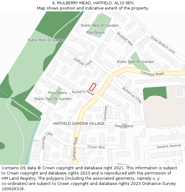 4, MULBERRY MEAD, HATFIELD, AL10 9EN: Location map and indicative extent of plot