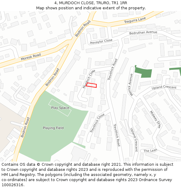 4, MURDOCH CLOSE, TRURO, TR1 1RR: Location map and indicative extent of plot