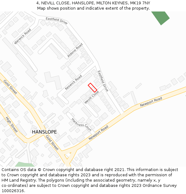 4, NEVILL CLOSE, HANSLOPE, MILTON KEYNES, MK19 7NY: Location map and indicative extent of plot