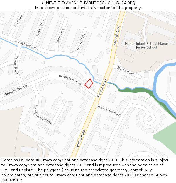 4, NEWFIELD AVENUE, FARNBOROUGH, GU14 9PQ: Location map and indicative extent of plot